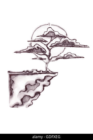 Hand drawn vector illustration ou dessin d'un arbre de bonzaies sur une falaise Banque D'Images