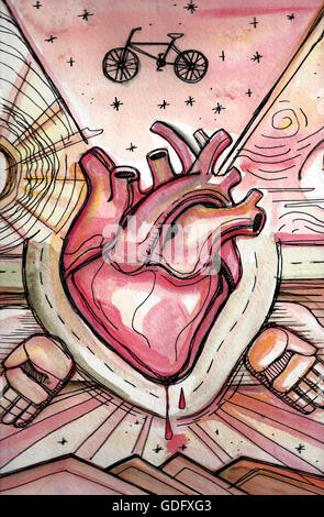 Hand drawn vector illustration ou dessin d'un coeur humain et certains symboles urbains Banque D'Images