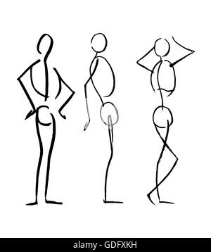 Illustration à la main ou d'un dessin de différentes positions du corps des hommes dans un style croquis Banque D'Images