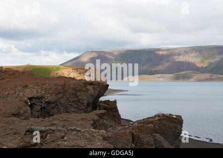 Islande : le sable noir et les roches du lac Kleifarvatn, sur la péninsule de Reykjanes et sur la zone de la fissure de la dorsale médio-Atlantique Banque D'Images