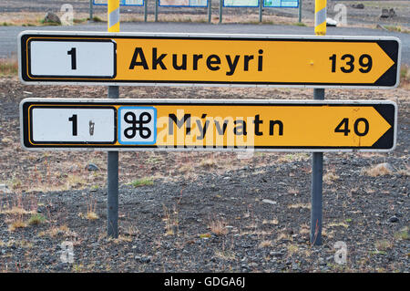 L'Islande, l'Europe : cap au nord, street sign orientations pour la ville d'Akureyri et pour la région de Myvatn sur la Route 1, le célèbre Ring Road Banque D'Images