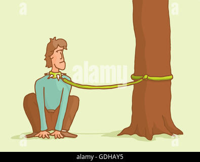 Cartoon illustration d'un homme attaché à un arbre comme un chien Banque D'Images