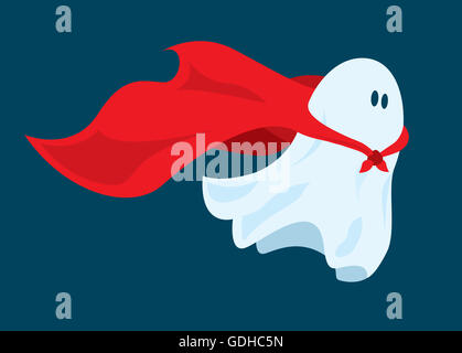 Cartoon illustration de funny super hero costume cape voler avec ghost Banque D'Images