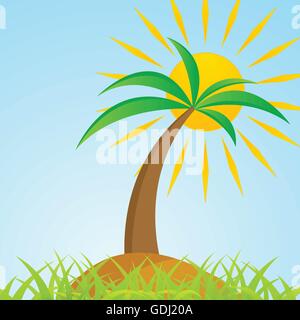 Palmier tropical sur l'île grass avec soleil brillant. Vector background. Paradis Illustration graphique et sun Palm Illustration de Vecteur