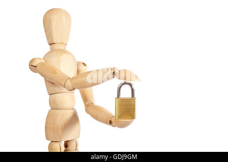 Marionnette en bois contient de petits cadenas sur fond blanc Banque D'Images