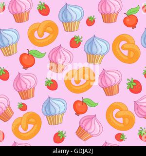 Motif sucré des gâteaux sur fond rose. Sans couture. Illustration de Vecteur