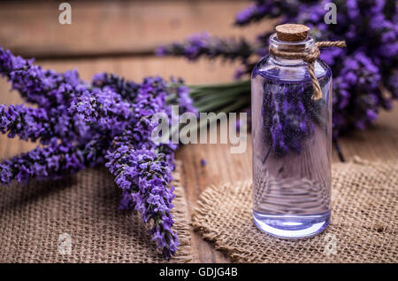 L'huile de lavande dans un flacon en verre sur un fond de fleurs fraîches Banque D'Images