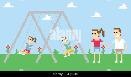 Pixel Art illustration de famille jouant sur des balançoires dans le parc Illustration de Vecteur