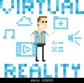 Pixel Art Image de l'homme parmi les graphiques de réalité virtuelle Illustration de Vecteur
