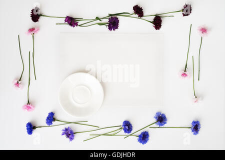 Plaque avec décor de fleurs sur fond blanc. Vue de dessus. Mise à plat. Banque D'Images