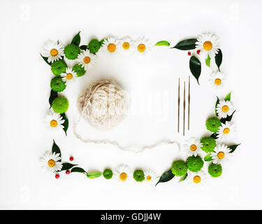 Pelote de laine à tricoter et crochets à décor de fleurs de chrysanthèmes et de ficus feuilles sur fond blanc. Vue de dessus. F Banque D'Images