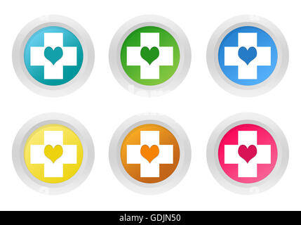 Ensemble d'icônes colorées avec symbole médical en bleu, rouge, jaune, rose, rouge et orange Banque D'Images