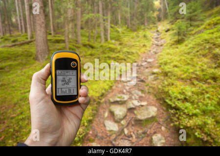 Trouver la bonne position dans la forêt via gps Banque D'Images