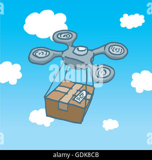 Cartoon illustration d'un drone copter vol et fournir une boîte postale Banque D'Images