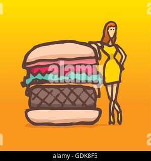 Cartoon illustration d'un modèle posant à côté d'un énorme hamburger Banque D'Images