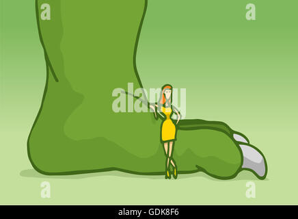 Cartoon illustration of a woman leaning on énorme monstre vert Banque D'Images
