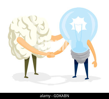 Cartoon illustration de poignée de main amicale entre le cerveau et l'idée Banque D'Images