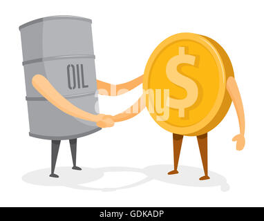 Cartoon illustration de poignée de main amicale entre le baril de pétrole et de monnaie d'or Banque D'Images