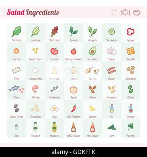 Ingrédients recette Salade vector icons set avec texte Illustration de Vecteur