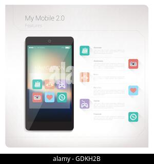 Téléphone mobile avec apps icons set et copy space Illustration de Vecteur