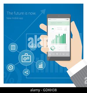 Businessman's hand holding un téléphone intelligent et à l'aide d'une application financière Illustration de Vecteur