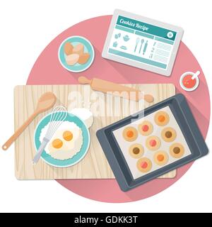 Savoureuse cuisine des cookies dans la cuisine avec ustensiles et digital tablet Illustration de Vecteur