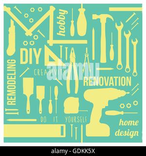Outils de bricolage et de rénovation avec des silhouettes de mots et concepts dans un cadre carré Illustration de Vecteur