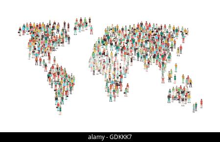 Foule de gens de la rédaction d'une carte du monde, vue aérienne, de la communauté mondiale, les communications internationales et les droits de l'homme concept Illustration de Vecteur