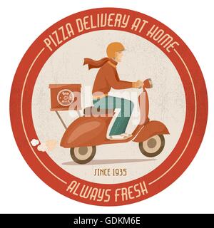 Livraison de pizza guy au travail sur un scooter rouge badge vintage Illustration de Vecteur