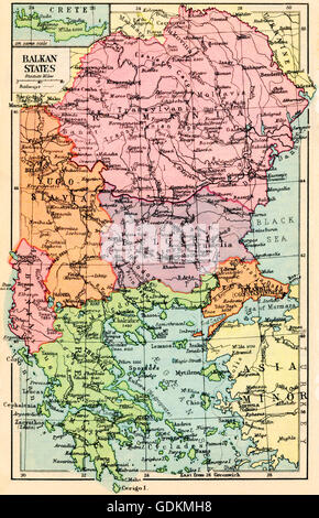 Carte de 1930 des États des Balkans. Banque D'Images