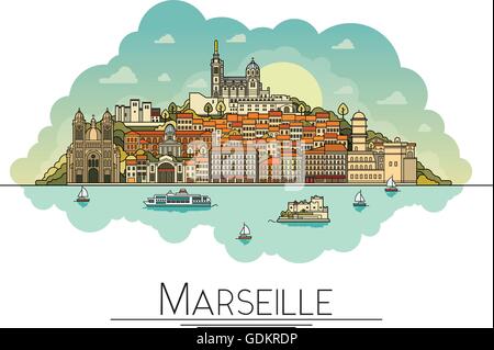 Vector art ligne Marseille, France, voyage de repère et l'icône de l'architecture. Destinations touristiques les plus populaires, les rues de la ville, des cathédrales, des bâtiments, des symboles dans une illustration Illustration de Vecteur