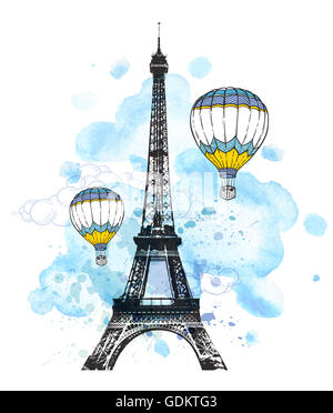 La Tour Eiffel et de l'air bleu ballons sur un fond d'aquarelle. Banque D'Images