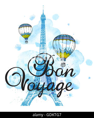 La Tour Eiffel et de l'air bleu ballons sur un fond d'aquarelle. Billet d'arrière-plan avec 'Bon voyage' lettrage. Banque D'Images