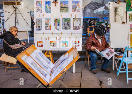 Peintres à la Plaça del Pi, Barrio Gotico, Barcelone. La Catalogne, Espagne Banque D'Images