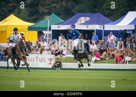 Midhurst, Angleterre, 17 juillet 2016. Facundo Pieres de King Power renards polo team dans l'air lors de la finale du tournoi de la coupe d'or Jaeger LeCoultre. Crédit : Anthony Hatley/Alamy Live News Banque D'Images