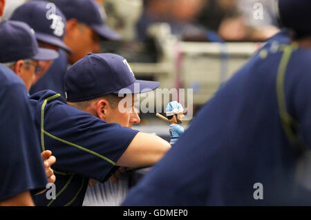 Saint Petersburg, Florida, USA. 17 juillet, 2016. Vous VRAGOVIC | fois.Rays de Tampa Bay le lanceur partant Drew Smyly (33) montres l'action alors qu'une figurine de Noël Kiermaier est perché sur la rampe de l'étang pendant le jeu entre les Orioles de Baltimore et les Rays de Tampa Bay au Tropicana Field à Saint-Pétersbourg, en Floride, le dimanche, Juillet 17, 2016. Les Rays de Tampa Bay battre les Orioles de Baltimore 5-2. © Vous Vragovic/Tampa Bay Times/ZUMA/Alamy Fil Live News Banque D'Images