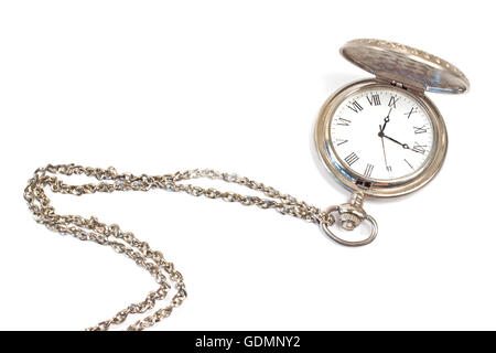 Ancienne montre de poche avec chaine isolated on white Banque D'Images