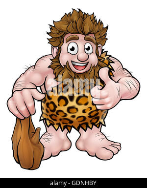 Cartoon caveman dans une peau d'animal en donnant un coup de pouce et la tenue d'un club. Banque D'Images