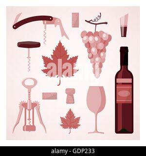 Vin rouge et rose vintage illustration avec bouteille de vin, verre, vigne, bouchons et tire-bouchon Illustration de Vecteur