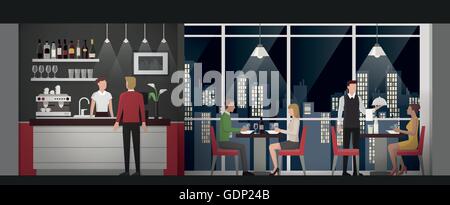 Les personnes ayant un dîner exclusif au restaurant sur le toit de la nuit, la vie nocturne et concept de luxe Illustration de Vecteur