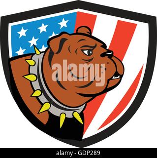 Illustration d'une tête de bouledogue à côté de l'écran à l'intérieur set crest avec usa american stars and stripes drapeau dans l'arrière-plan fait en style cartoon. Illustration de Vecteur