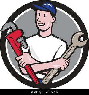 Illustration d'un réparateur handyman worker wearing hat holding spanner et bâtons à la recherche sur le côté vue de l'avant Illustration de Vecteur