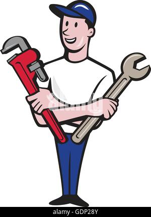 Illustration d'un réparateur handyman worker wearing hat standing holding spanner et bâtons à la recherche sur le côté vue de l'avant ensemble isolées sur fond blanc fait dans un style de dessin animé. Illustration de Vecteur