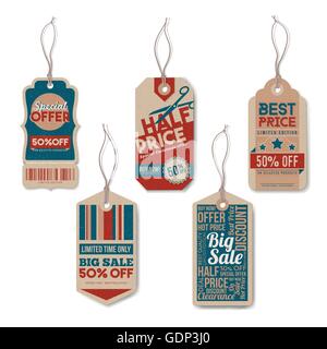 Vintage Tags ensemble avec string, réaliste, papier texturé, vente au détail et en ligne de concept Illustration de Vecteur