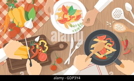 Équipe de cuisiniers qui travaillent ensemble et la cuisine un repas végétarien, les mains au travail close up Illustration de Vecteur