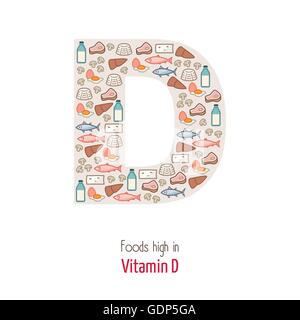 Plus d'aliments en vitamine D la rédaction d lettre la forme, la nutrition et la saine alimentation concept Illustration de Vecteur