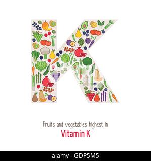 Les fruits et légumes les plus élevés dans la composition de la vitamine K Lettre K la forme, la nutrition et la saine alimentation concept Illustration de Vecteur