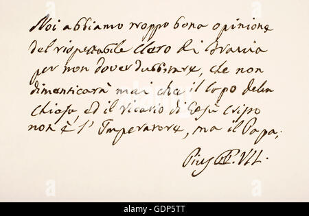 Le pape Pie VII, 1742 - 1823, naissance Barnaba Niccolò Maria Luigi Chiaramonti. Échantillon d'écriture à la main et la signature. Banque D'Images