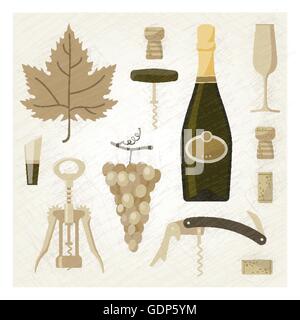 Vin mousseux et blanc vintage illustration avec bouteille de vin, verre, vigne, bouchons et tire-bouchon Illustration de Vecteur