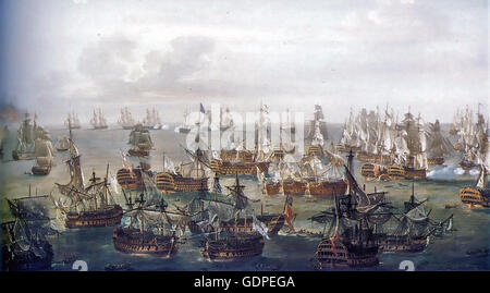 Bataille de Trafalgar le 21 octobre 1805. La situation à 17 heures comme peint par Nicholas Pocock (1740-1821) Banque D'Images